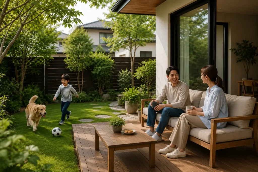Family enjoying a calm outdoor home space