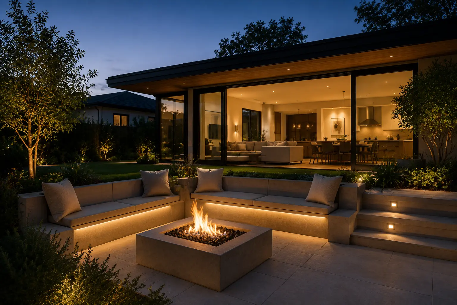 Backyard fire pit beside a modern home